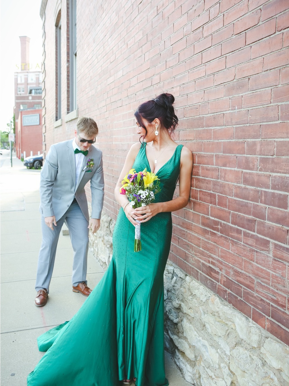 Green Hot Stone Prom Dress - Deep V-Neck, Low Cut Back